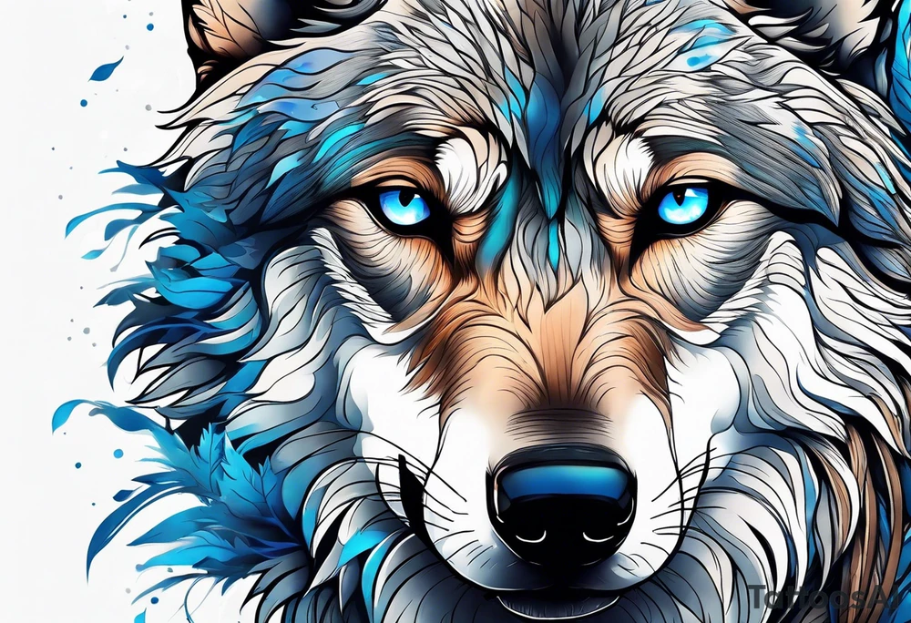 Blue eyed wolf in a forest tattoo idea