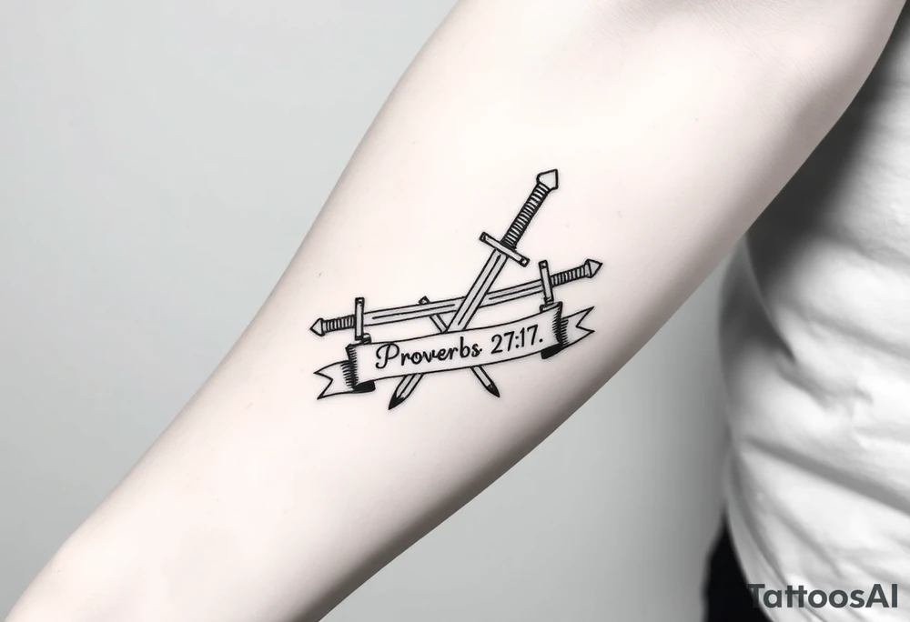 Two swords laying flat in a forearm tattoo sketch style, with a flowing banner that reads “Proverbs 27:17” Black ink, simple and bold. tattoo idea