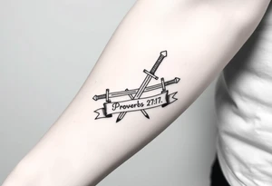 Two swords laying flat in a forearm tattoo sketch style, with a flowing banner that reads “Proverbs 27:17” Black ink, simple and bold. tattoo idea