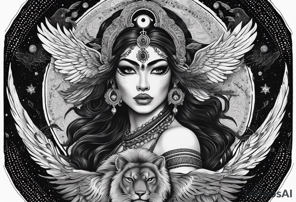 black kali, goddess pirate, alien, angel, pachamama, valkrye, warrior, flying, skull, lotus azul, wing, eagle, zenza resonance, stars, 5D, anahata chakra, death, durga, riding on a tiger, flying lady, kundalini, chest tatoo, samuri, rebel, serpent tattoo idea
