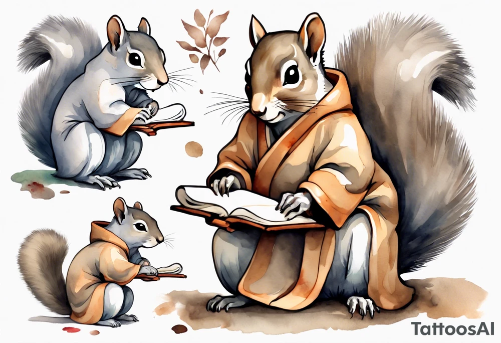 an elderly grey squirrel wearing a taupe  robe, writing on a scroll tattoo idea