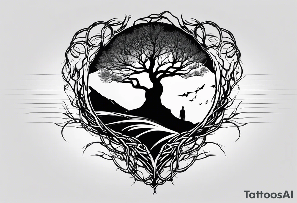 The roots of the tree break out of the chains at the bottom of the hand, turning into branches that reach towards the sky. In the background is a silhouette of mountains or the horizon, symbolizing hope tattoo idea