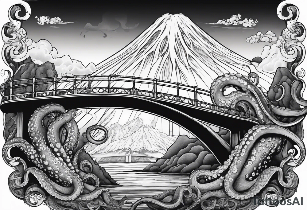 Octopus attacking a bridge with volcano in background erupting tattoo idea