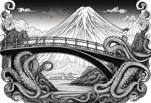 Octopus attacking a bridge with volcano in background erupting tattoo idea