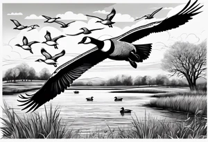 geese flying over marsh and people hunting them tattoo idea