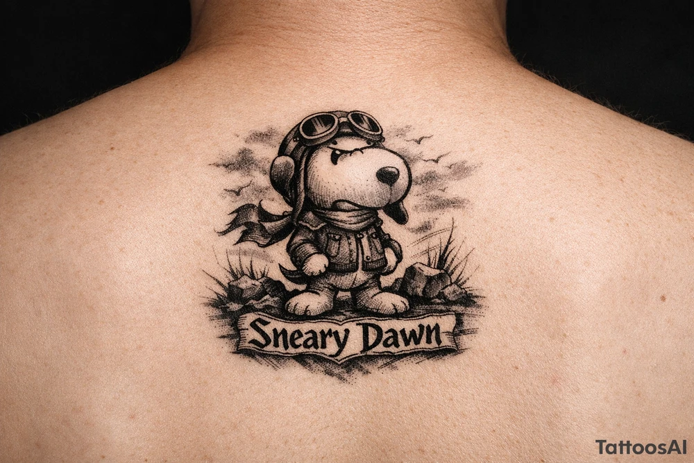Small snoopy with saying Sneary Dawn tattoo idea