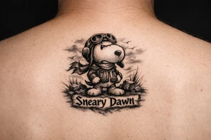 Small snoopy with saying Sneary Dawn tattoo idea