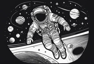 An astronaut floating in space with planets around him tattoo idea
