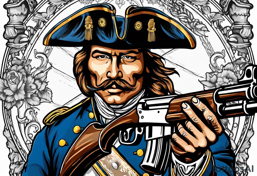 charging ,
revolutionary war colonial soldier, Skull face,  Ar-15,  Liberty Bell Liberty or death tattoo idea