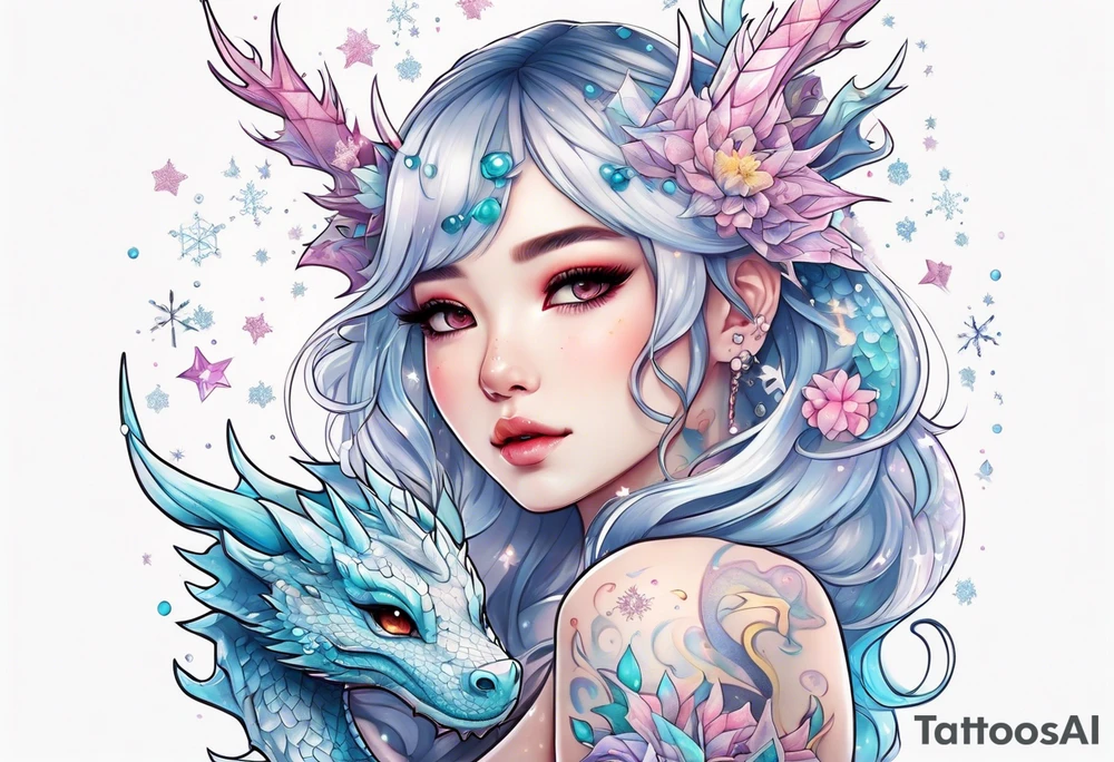 Constellation, dragon kawaii girl, snowflake tattoo idea