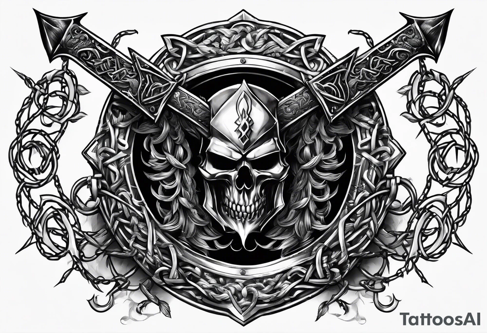 Valhalla sword shield axe barbed wire chains dark cloud tattoo idea