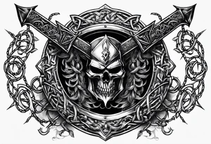 Valhalla sword shield axe barbed wire chains dark cloud tattoo idea