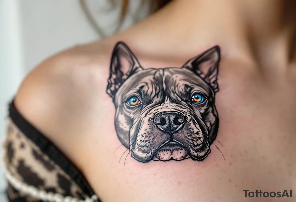 Black Ink Realism with Eye Color Pop – A fully black-and-gray realistic Staffordshire Bull Terrier with just the eyes in vivid blue or hazel, drawing focus. tattoo idea