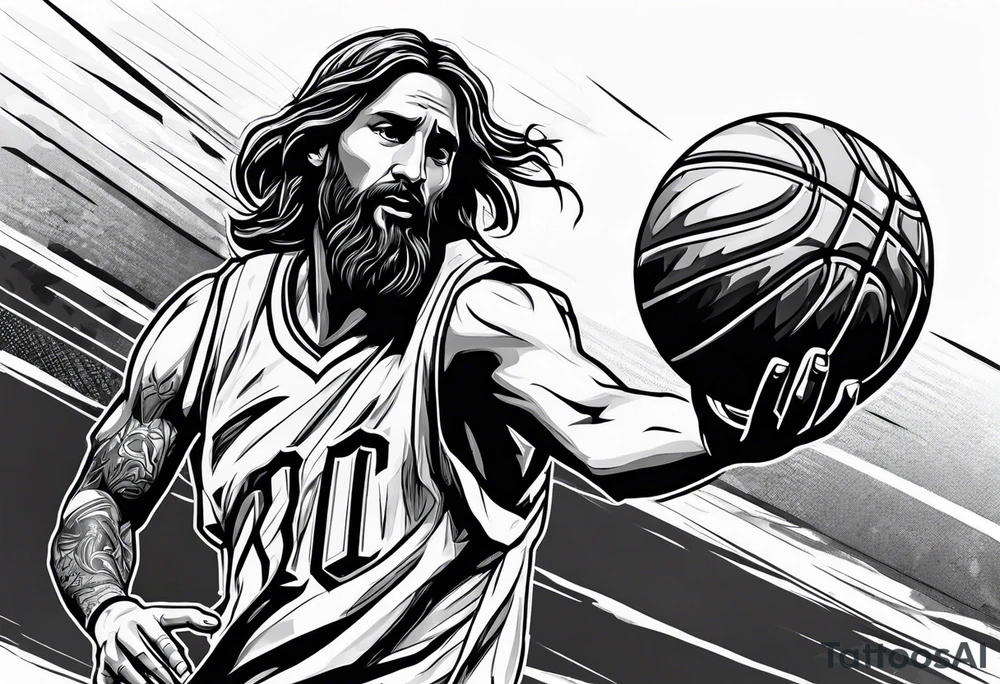 jesus christ playing basketball against messi tattoo idea