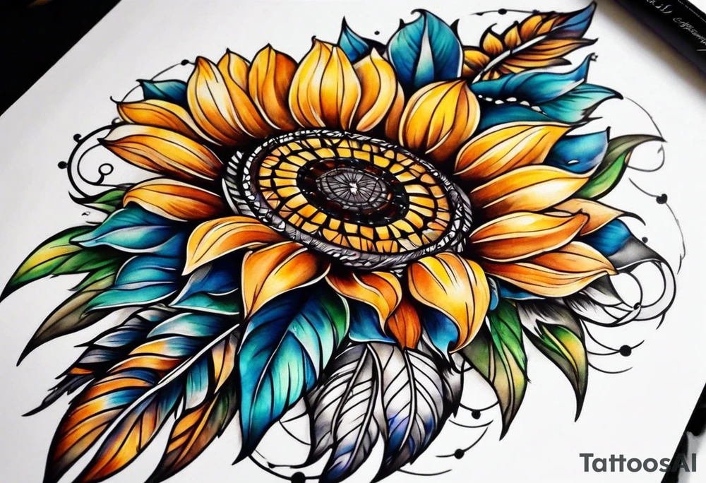 Dreamcatcher and sunflowers forearm sleeve tattoo idea