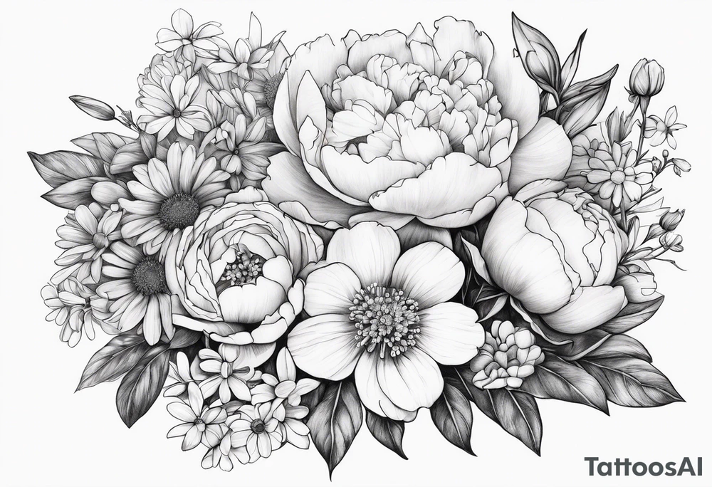 Bouquet, peonies, roses, daisies, forget me nots tattoo idea