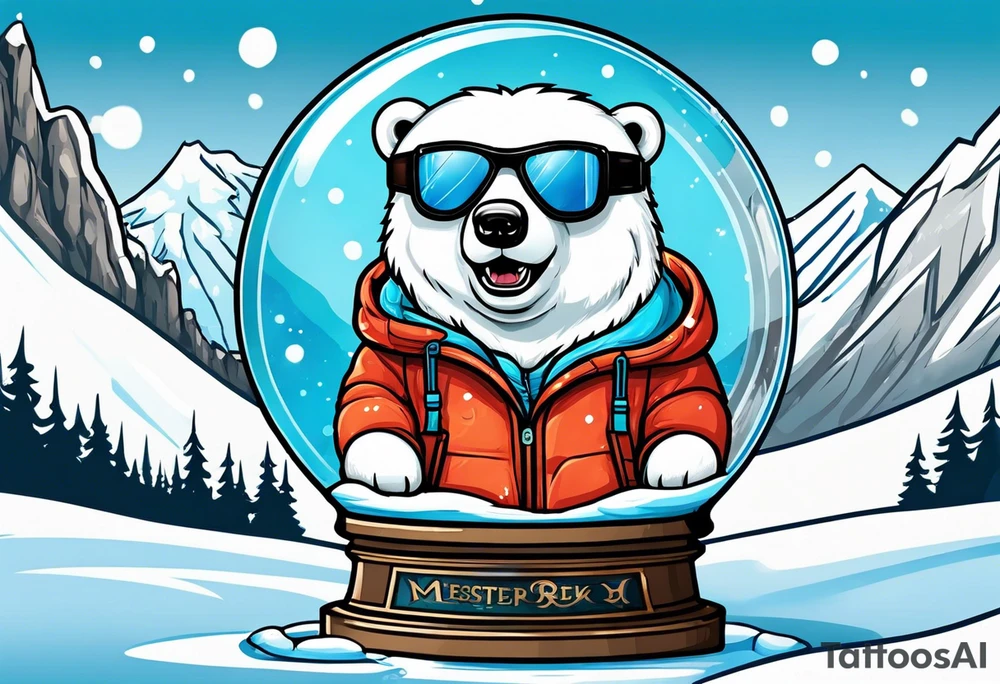 Polar bear wearing ski goggles standing in front of a mountain inside a snow globe tattoo idea