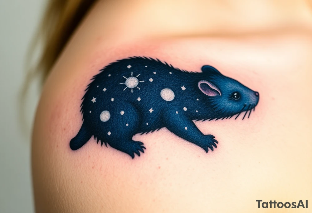 A celestial mole gazing at the stars, with a deep navy-blue fur coat speckled with glowing white constellations tattoo idea
