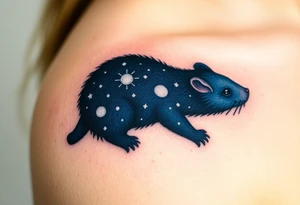 A celestial mole gazing at the stars, with a deep navy-blue fur coat speckled with glowing white constellations tattoo idea