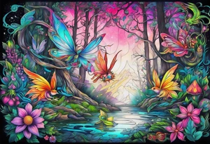 Fairies in forest neon colors tattoo idea