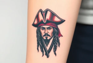 A stylized Jack Sparrow with exaggerated pirate hat and wild dreadlocks, done in bold black ink with deep red highlights for the bandana tattoo idea