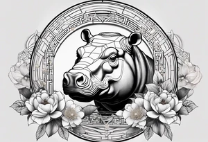 Very asymmetrical, +geometric pattern, with realistic full moon, with seeious looking hippo, +zen feel, + Buddhism touch,
with wintersweet flower bud, +portrait orientation, +inkart touch, tattoo idea