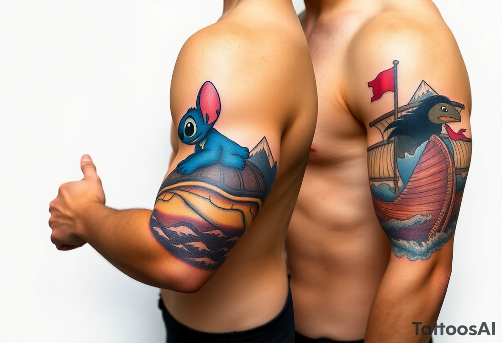half sleeve, lilo and stitch riding on a turtle, waves, mountains, and then on other side, moana with maui heihei and pua on their boat tattoo idea