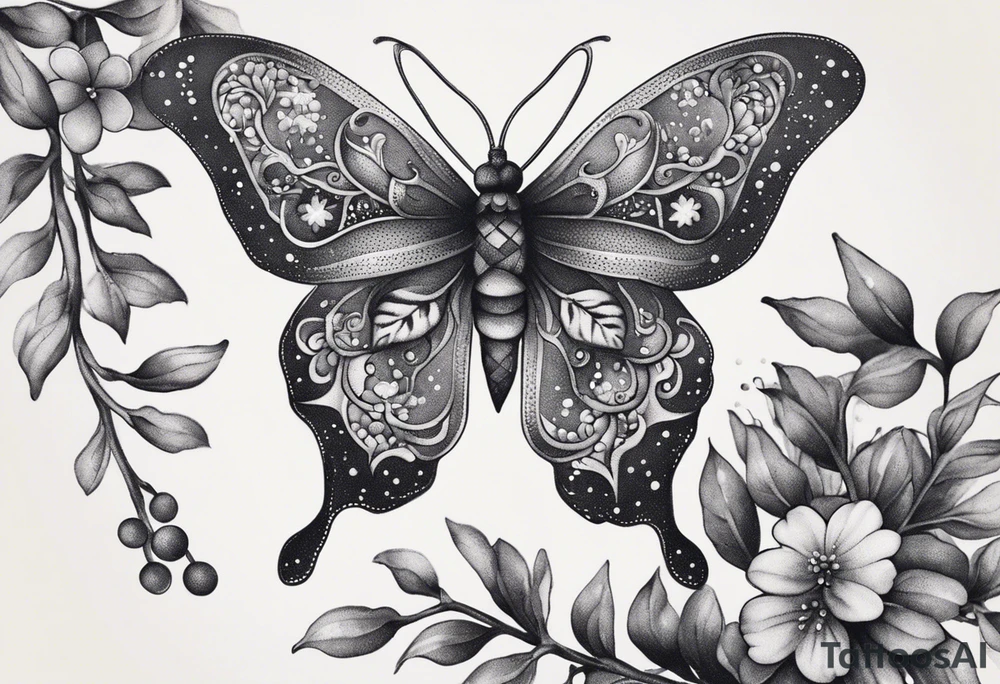 Winding branches and leaves and tiny flowers with a small moth and bubbles tattoo idea