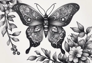Winding branches and leaves and tiny flowers with a small moth and bubbles tattoo idea