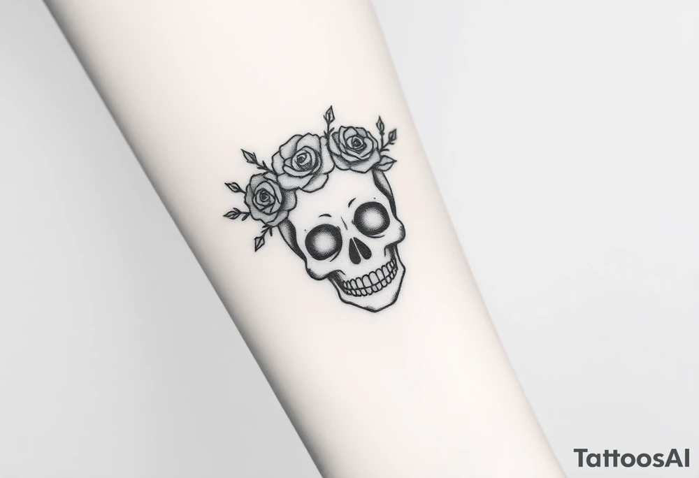 ornate skull adorned with crown of wild roses and thorns tattoo idea