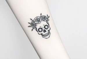 ornate skull adorned with crown of wild roses and thorns tattoo idea