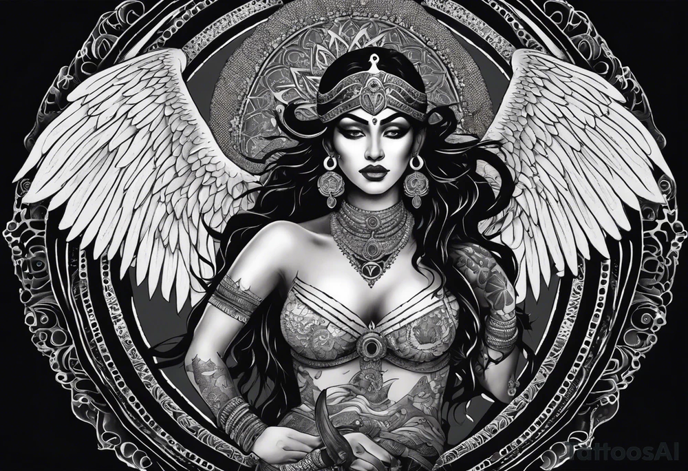 black kali, goddess pirate, alien, angel, pachamama, valkrye, warrior, flying, skull, lotus azul, wing, eagle, zenza resonance, stars, 5D, anahata chakra, death, durga, riding on a tiger, flying lady, kundalini, chest tatoo, samuri, rebel, serpent tattoo idea