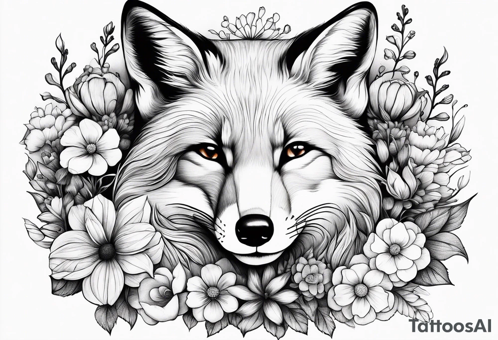 fox, curled up, sleeping, realistic, flowers tattoo idea