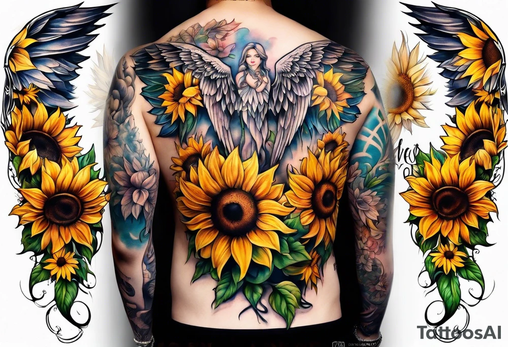 Sunflowers and angel wings leg sleeve tattoo idea
