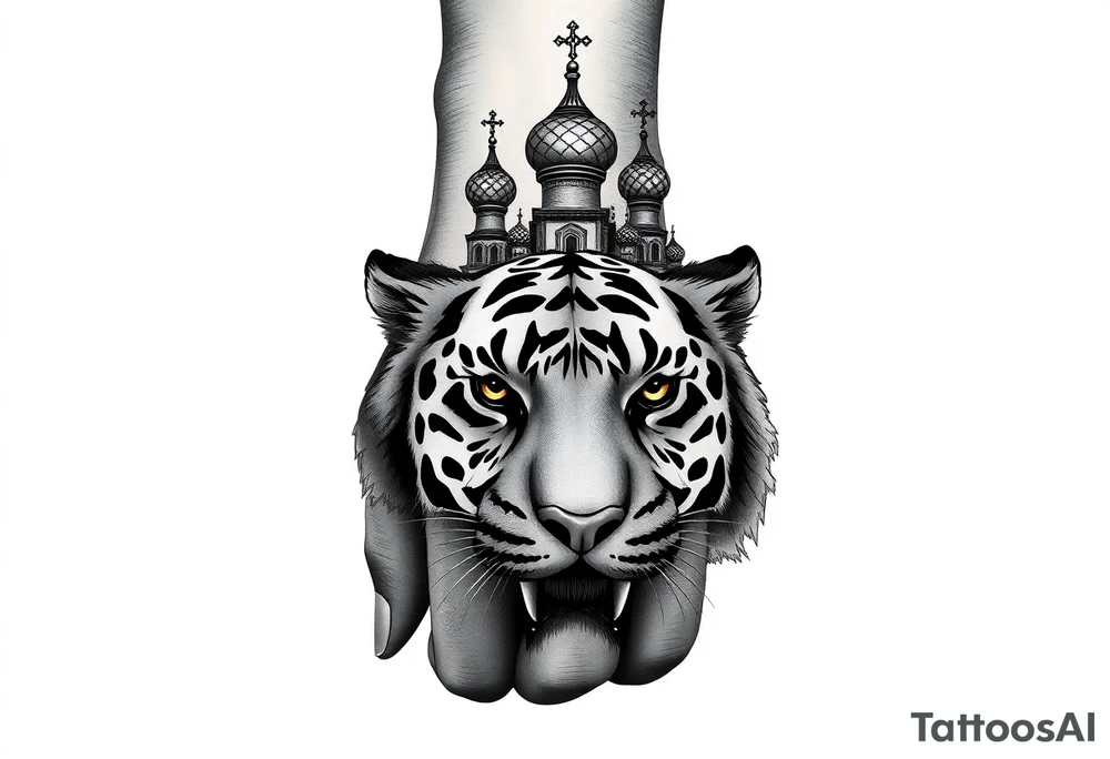 Realistic relic style tiger face on the back of the hand with strong contrast and fine detail with its eyes completely black. with a highly detailed Russian Orthodox cathedral sitting above on fore arm with onion domes and orthodox crosses, done in fine line, engraving-like style. Cohesive composition, black ink only, no color, high contrast, slightly aged, documentary-style, plain light background. with clouds above and a virgin mary 
spanning from my hand to lower fore arm tattoo idea