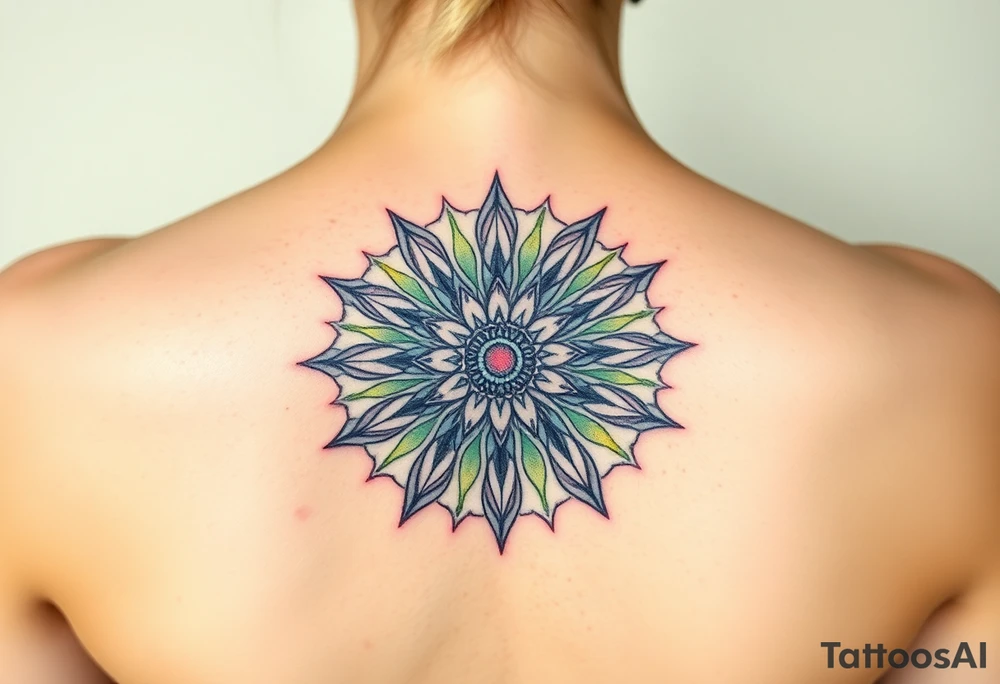 A sunburst pattern radiating from the Flower of Life centered in round cyrcle, embodying energy and vitality tattoo idea