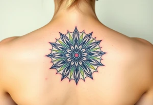 A sunburst pattern radiating from the Flower of Life centered in round cyrcle, embodying energy and vitality tattoo idea