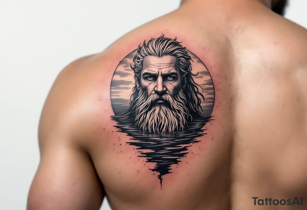Poseidon half way under calm water at sunset tattoo idea