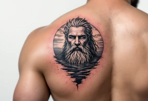 Poseidon half way under calm water at sunset tattoo idea