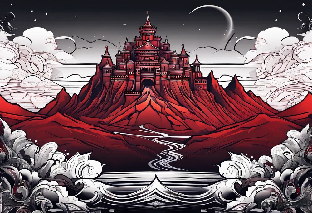 red mountains which there are two fantasies castles tattoo idea
