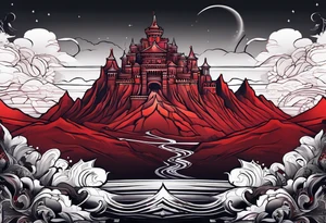 red mountains which there are two fantasies castles tattoo idea