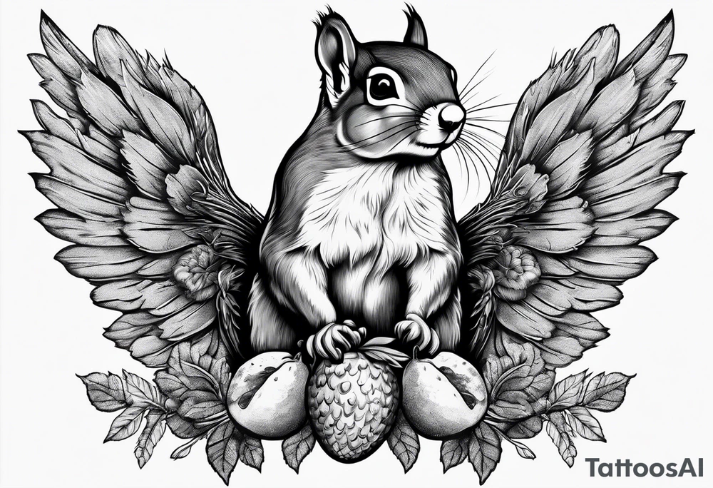 Squirrel with angel wings holding an acorn tattoo idea