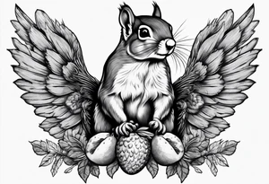 Squirrel with angel wings holding an acorn tattoo idea