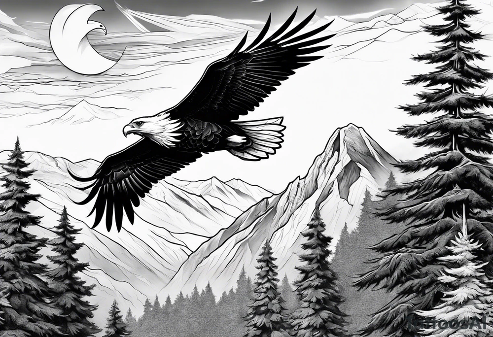 Eagle and Dove flying together over a mountain with trees in the background tattoo idea