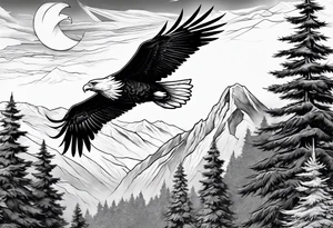 Eagle and Dove flying together over a mountain with trees in the background tattoo idea