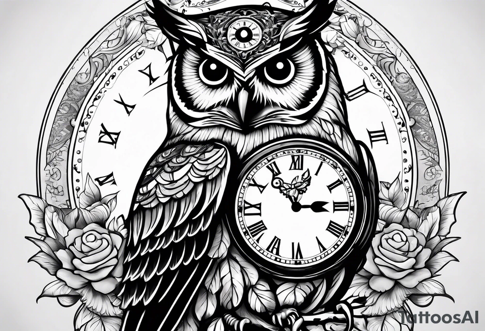 owl with a clock and skull
wisdom and new life tattoo idea
