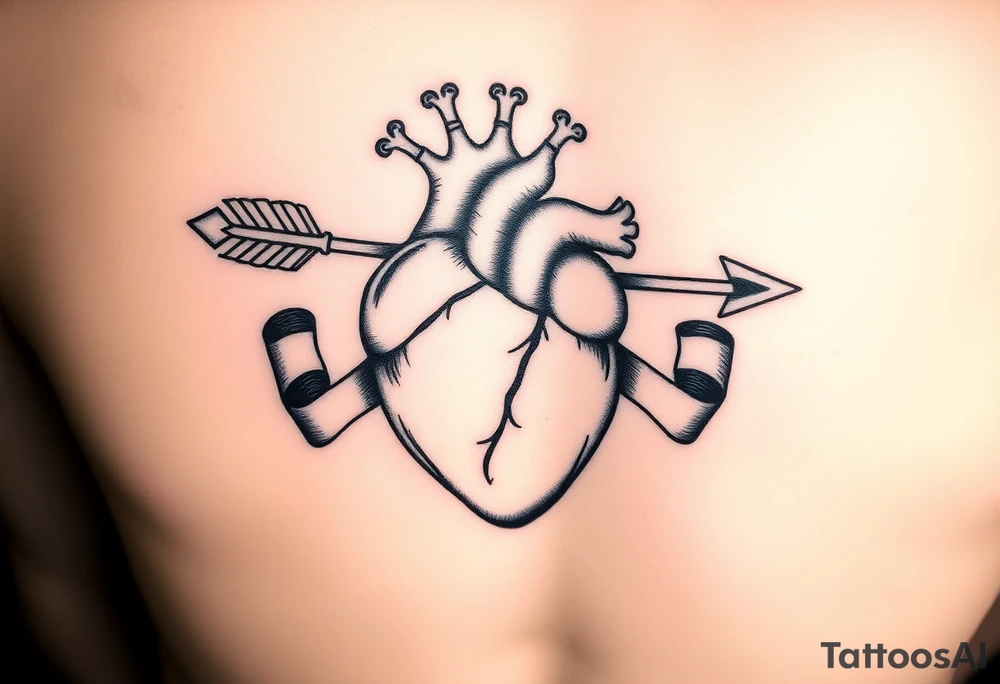 anatomical heart pierced by ornate arrow with flowing ribbons tattoo idea