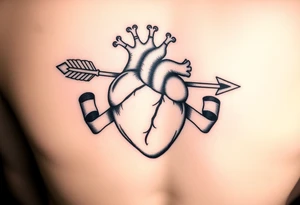 anatomical heart pierced by ornate arrow with flowing ribbons tattoo idea