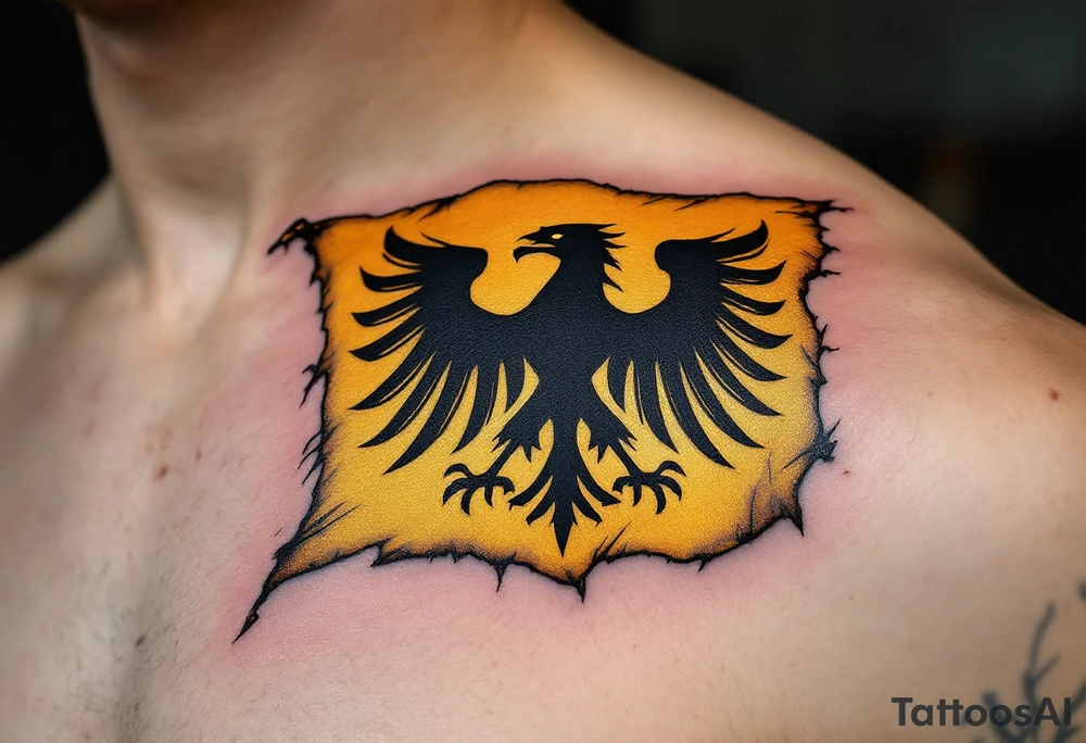 A hand-painted, medieval-style banner with a black Silesian eagle on a golden background, looking like a knight's flag waving in the wind. The edges are torn and aged, giving it a battle-worn effect. tattoo idea