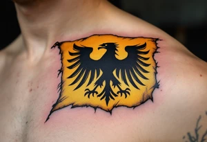 A hand-painted, medieval-style banner with a black Silesian eagle on a golden background, looking like a knight's flag waving in the wind. The edges are torn and aged, giving it a battle-worn effect. tattoo idea